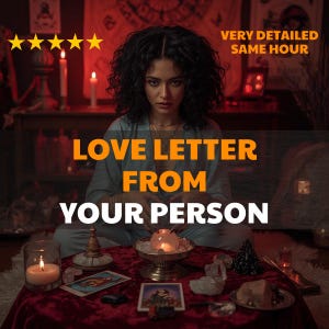 May include: A woman sits surrounded by candles and mystical objects, with the text "LOVE LETTER FROM YOUR PERSON" overlaid. The image has a warm colour scheme, suggesting a theme of love and divination, with a focus on the message.