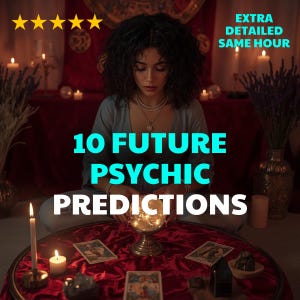 May include: A woman sits at a round table with tarot cards, candles, and a glowing orb. The text "10 FUTURE PSYCHIC PREDICTIONS" is displayed prominently. Additional text reads "EXTRA DETAILED SAME HOUR" and there are five gold stars.