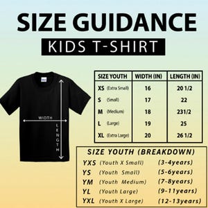 May include: Black kids t-shirt with size guidance information. The image includes a size chart with measurements in inches for youth sizes XS to XL. The chart also provides age breakdowns for each size, from 3-4 years to 12-13 years.
