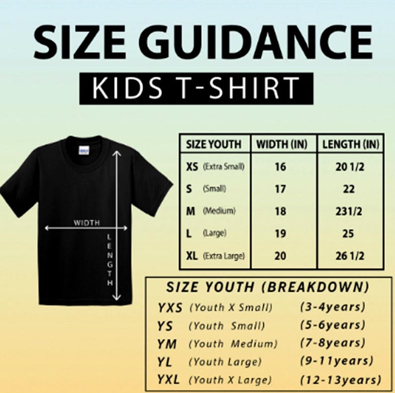 May include: Black kids t-shirt with size guidance information. The image includes a size chart with measurements in inches for youth sizes XS to XL. The chart also provides age breakdowns for each size, from 3-4 years to 12-13 years.