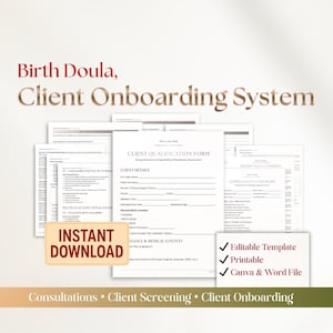 Op de afbeelding: Een verzameling afdrukbare formulieren voor het onboarding-systeem van een geboortedoula. De formulieren omvatten een klantkwalificatieformulier, een consultatiechecklist en andere documenten. De tekst "Direct downloaden" is ook aanwezig.
