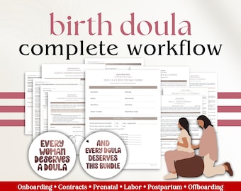 Puede incluir: Un paquete completo de flujo de trabajo para doulas de parto que incluye varios formularios impresos, como una ficha de admisión, un acuerdo de confidencialidad y contratos. Dos insignias circulares muestran el texto Every woman deserves a doula y And every doula deserves this bundle, junto a una ilustración de una persona sobre una pelota de parto.