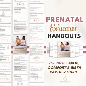 Puede incluir: Una colección de más de 75 páginas de folletos educativos prenatales para doulas. Los documentos incluyen texto, diagramas e ilustraciones sobre el parto, el confort y el apoyo de la pareja, con el título Prenatal Education Handouts.
