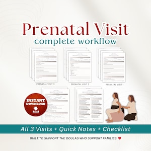 Puede incluir: Imagen con el texto "Prenatal Visit complete workflow" y "All 3 Visits + Quick Notes + Checklist". Muestra pilas de formularios etiquetados como "Prenatal Visit 1, 2 y 3" y un botón rojo de "Descarga Instantánea".