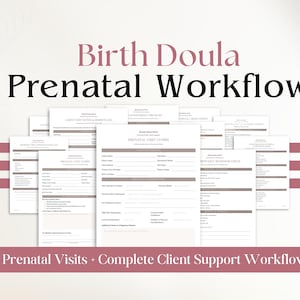 Peut inclure: Une collection de formulaires papier blancs pour un flux de travail prénatal de doula, avec du texte noir et des accents mauve. Les documents incluent un formulaire de visite prénatale, des notes client et une liste de contrôle.