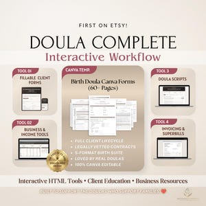 May include: A digital doula workflow bundle featuring interactive HTML tools, client education, and business resources. Includes fillable client forms, business and income tools, doula scripts, invoicing, superbills, and 60+ pages of Canva birth forms.