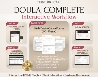 Doula Complete Interactive Workflow - Fillable Intake, Contract, and Canva Forms, Invoicing App & Business Tracker and Superbill App