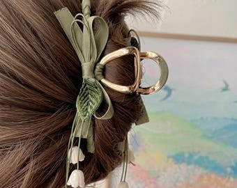 Fairy Forest Bow Claw, Bell Orchid Tassel, Cottagecore Accessory, Gift for Her