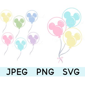 Puede incluir: Un conjunto de nueve globos de color pastel con la cabeza de Mickey Mouse. Los globos son de varios colores, incluyendo rosa, azul, verde y amarillo.