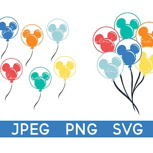 May include: Colorful Mickey Mouse-themed balloon graphics in blue, orange, light blue, red, teal, and yellow. The balloons are in a circle with a Mickey Mouse head silhouette inside. The image also includes the text "JPEG PNG SVG" in a blue rectangle.