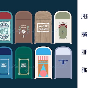 May include: Eight illustrated waste bins in a variety of colours, each with a unique design. The bins feature the text "WASTE PLEASE" in different fonts and decorative elements. The colour palette includes blue, brown, green, and white.