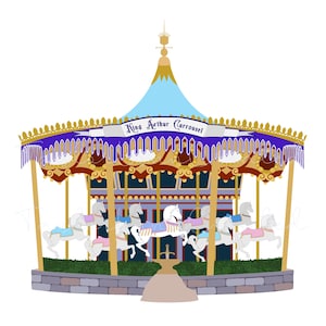 May include: Illustration of the King Arthur Carrousel, featuring white horses with pastel saddles. The carousel has a blue and gold roof, with the words "King Arthur Carrousel" on a banner. The carousel is set against a white background.