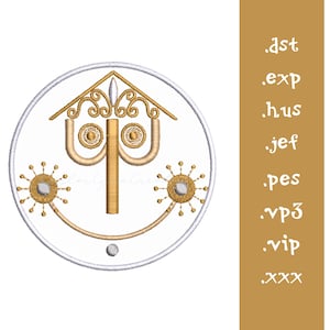 May include: A circular machine embroidery design featuring a gold-colored abstract house-like shape with a central pillar, two circular sun-like motifs, and a small dot at the bottom. The text .dst, .exp, .hus, .jef, .pes, .vp3, .vip, .xxx is listed.