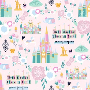 Puede incluir: Un patrón rosa y pastel con imágenes icónicas de un parque temático. El diseño incluye castillos, arreglos florales y la frase "Most Magical Place on Earth". Otros elementos incluyen un monorraíl e iconos temáticos de personajes.
