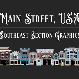Pode incluir: Ilustração da Main Street, EUA, com uma fileira de edifícios coloridos. Os edifícios são de vários estilos, com toldos e elementos decorativos. O texto "Main Street, EUA" e "Southeast Section Graphics" é exibido em branco sobre um fundo preto.