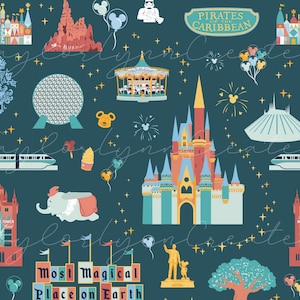 May include: A teal background features various Disney park icons, including Cinderella's castle, the Hollywood Tower Hotel, and the Spaceship Earth. Other elements include a carousel, train, and the text "Most Magical Place on Earth."