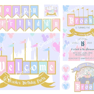 Custom Printable Disneyland Birthday Party Bundle - Invitations, Welcome Poster, Banner, Cake Cupcake Toppers, Thank You cards, Decorations