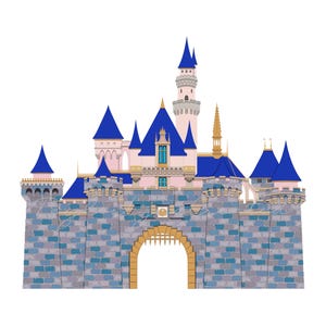 Puede incluir: Un castillo rosa y azul con una gran entrada de arco. El castillo tiene múltiples torres con techos azules y detalles dorados. El castillo está rodeado por un muro de piedra.