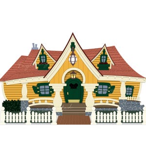 Op de afbeelding: Illustratie van een grillig geel huis met een rood dak. Het huis heeft een groene deur, een witte hek en decoratieve afwerking. Het ontwerp is cartoonachtig en uitnodigend, perfect voor woondecoratie of kinderkunst.