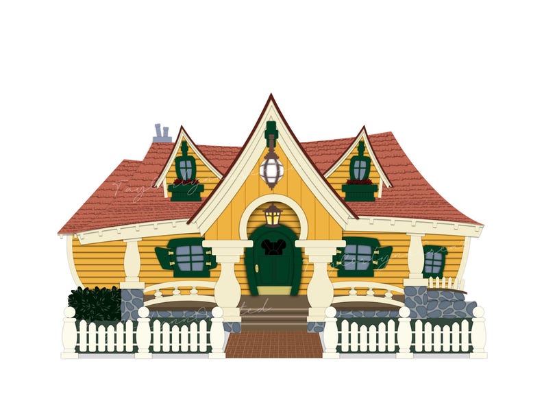 Op de afbeelding: Illustratie van een grillig geel huis met een rood dak. Het huis heeft een groene deur, een witte hek en decoratieve afwerking. Het ontwerp is cartoonachtig en uitnodigend, perfect voor woondecoratie of kinderkunst.