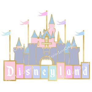 May include: A pastel-colored illustration of Disneyland's castle with gold accents and flags. The word "Disneyland" is displayed in a matching pastel font. The image has a clean, minimalist design, perfect for wall art or themed merchandise.