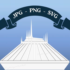 May include: A white silhouette of the Spaceship Earth attraction at Epcot, a theme park at Walt Disney World Resort. The attraction is a geodesic sphere with a white, futuristic design. A blue banner with the text "JPG - PNG - SVG" is above the attraction.