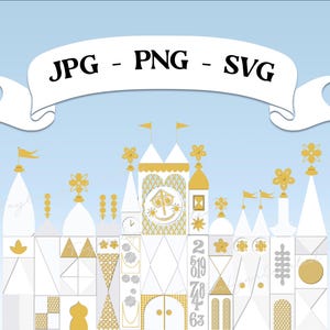 Puede incluir: Una ilustración blanca y dorada de un castillo de fantasía con una esfera de reloj y una pancarta que dice "JPG - PNG - SVG".