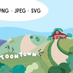 Puede incluir: Ilustración de dibujos animados de un paisaje rural con verdes colinas, un granero rojo y un camino sinuoso. La imagen incluye el texto "TOONTOWN" en letras blancas y opciones de tipo de archivo: PNG, JPEG y SVG.