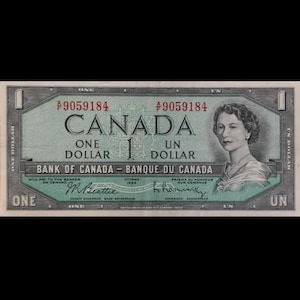 May include: A Canadian one-dollar banknote with a portrait of a woman on the right. The text reads "CANADA ONE DOLLAR" and "BANK OF CANADA - BANQUE DU CANADA". Serial numbers are in red.