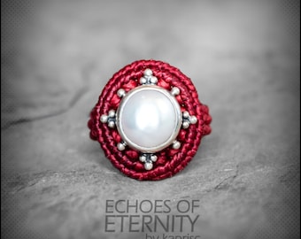 RESERVED! White Pearl Ring Silver 925 Macrame