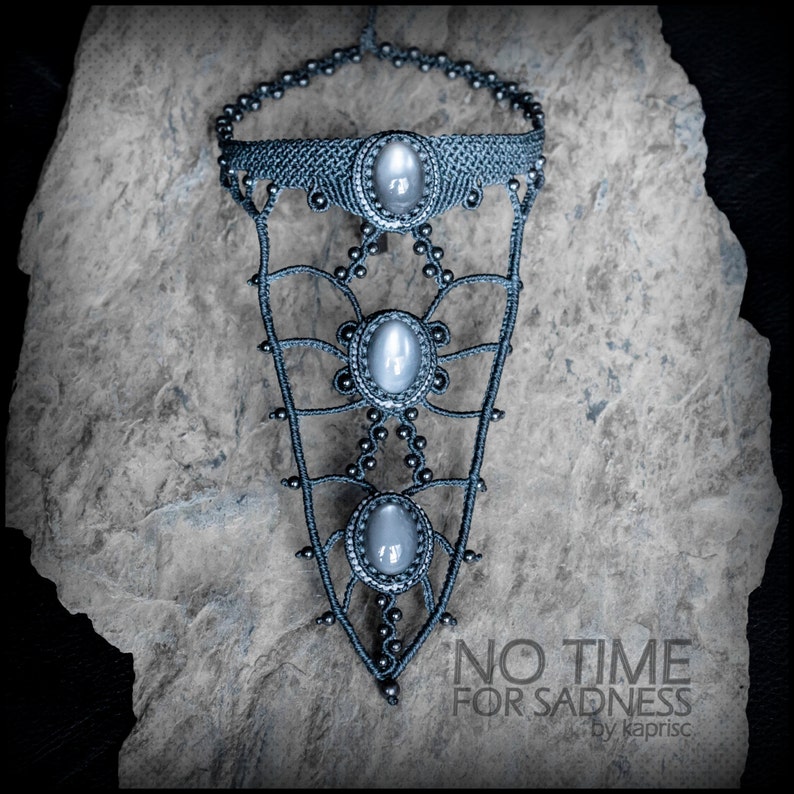 Triple Genuine Grey Moonstone Necklace Macrame image 3