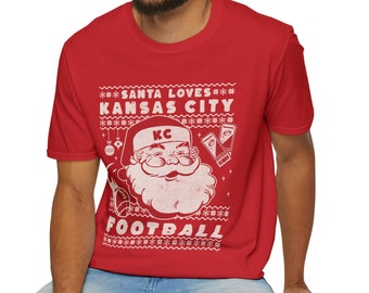 Santa Loves Kansas City Football, Christmas Shirt, Unisex Softstyle T-Shirt