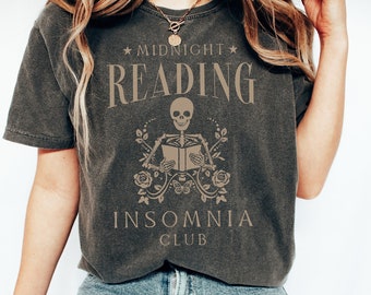 Skeleton Reading, Midnight Reading Insomnia Club, Unisex Garment-Dyed T-shirt