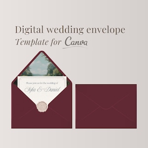 May include: A digital wedding envelope template for Canva. The open envelope reveals a landscape scene and a wedding invitation with the names Sofia & Daniel. The envelope is a deep burgundy color, with a matching closed envelope to the right.