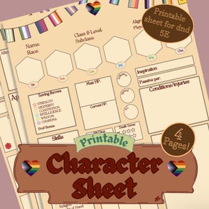 Pride flags white | DnD Character Sheet 5E, LGBT themed, Printable Fillable PDF, 4 pages included