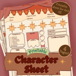 Medieval stars | D&D Character Sheet 5E, Printable Fillable PDF, 4 pages included