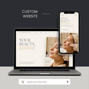May include: A laptop and a smartphone displaying a custom website for Skin Theory Studio. The screens feature the text Your Beauty, Refined, along with imagery of a person receiving a facial treatment. The design uses a neutral color palette.