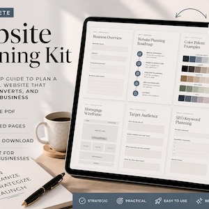 May include: A digital website planning kit displayed on a tablet screen, featuring sections for business overview, roadmap, colour palettes, wireframes, target audience, and SEO keyword planning. The kit includes 33 fillable PDF pages for business.