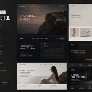 May include: A digital marketing portfolio display featuring multiple website landing page designs with dark and light themes, typography, photography, and data charts. The text includes "We build websites that look good. That work better." and various business metrics.