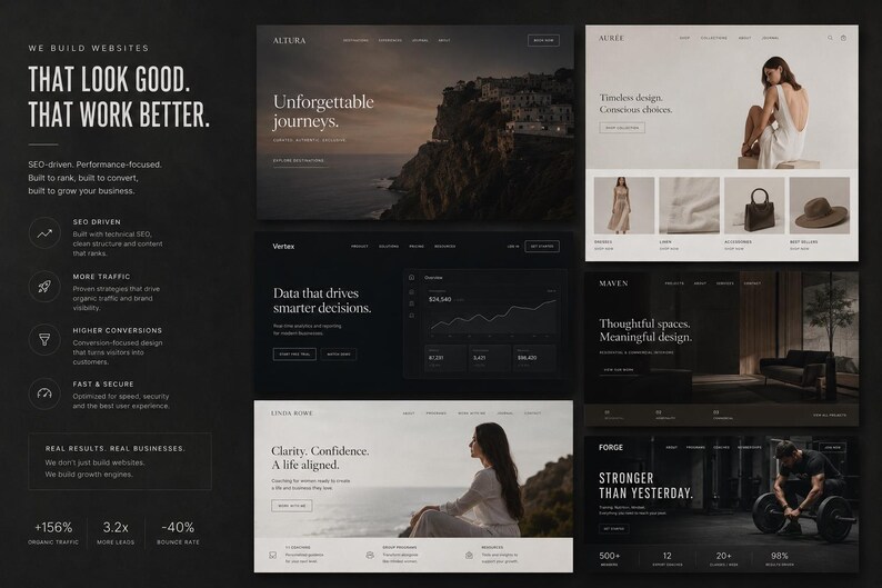 May include: A digital marketing portfolio display featuring multiple website landing page designs with dark and light themes, typography, photography, and data charts. The text includes "We build websites that look good. That work better." and various business metrics.