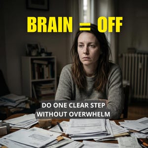 Peut inclure: Une femme assise à une table pleine de papiers semble préoccupée. Le texte "BRAIN = OFF" est en jaune au-dessus d'elle. En dessous, on lit "DO ONE CLEAR STEP WITHOUT OVERWHELM". Une tasse de café et un stylo sont sur la table.