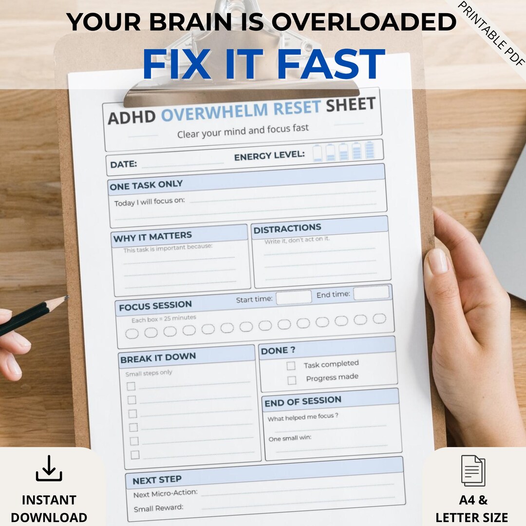 ADHD Overwhelm Planner Printable, Brain Dump Focus Sheet, Reduce ...