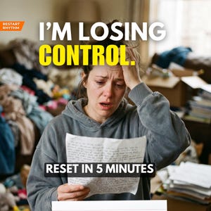 Peut inclure: Une personne en détresse tient un papier avec le texte "I'M LOSING CONTROL" en jaune et "RESET IN 5 MINUTES" en blanc. La personne porte un sweat à capuche gris, avec un arrière-plan en désordre.