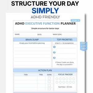 Agenda per le funzioni esecutive dell'ADHD stampabile, foglio di struttura giornaliera, strumento organizzativo per l'ADHD in formato PDF