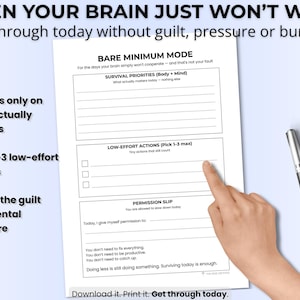 ADHD Bare Minimum Mode Printable | Shutdown Reset Sheet for Late Diagnosed Women | Low Effort Task List | ADHD Planner PDF