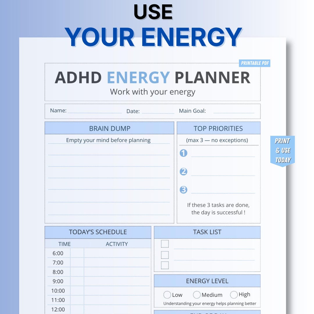 ADHD Energy Planner Printable – Daily Energy Tracking & Focus Planner ...