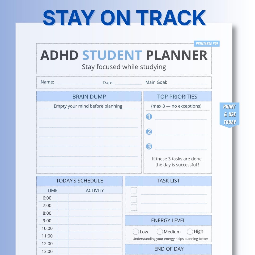 ADHD Student Planner Printable – Study Planner, Daily Focus Sheet ...