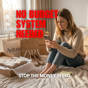 Könnte beinhalten: Eine Person sitzt auf einem Bett und betrachtet ein Smartphone, umgeben von Einkaufstaschen von Aritzia, Zara und Amazon. Eine Box mit einem Pullover und Schuhen ist geöffnet. Der Text "NO BUDGET SYSTEM NEEDED" und "STOP THE MONEY BLEED" ist in Rot und Weiß dargestellt.