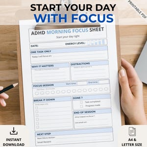 ADHD Morning Planner Printable, Focus Sheet Start Your Day Tool, Daily Productivity ADHD PDF, Routine Planner