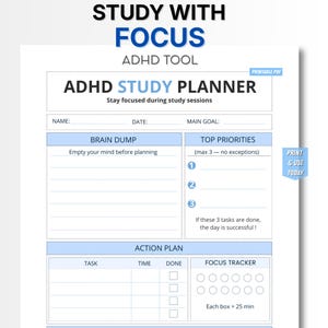 ADHD Student Planner Printable, Study Focus Sheet, Homework Organizer ADHD PDF